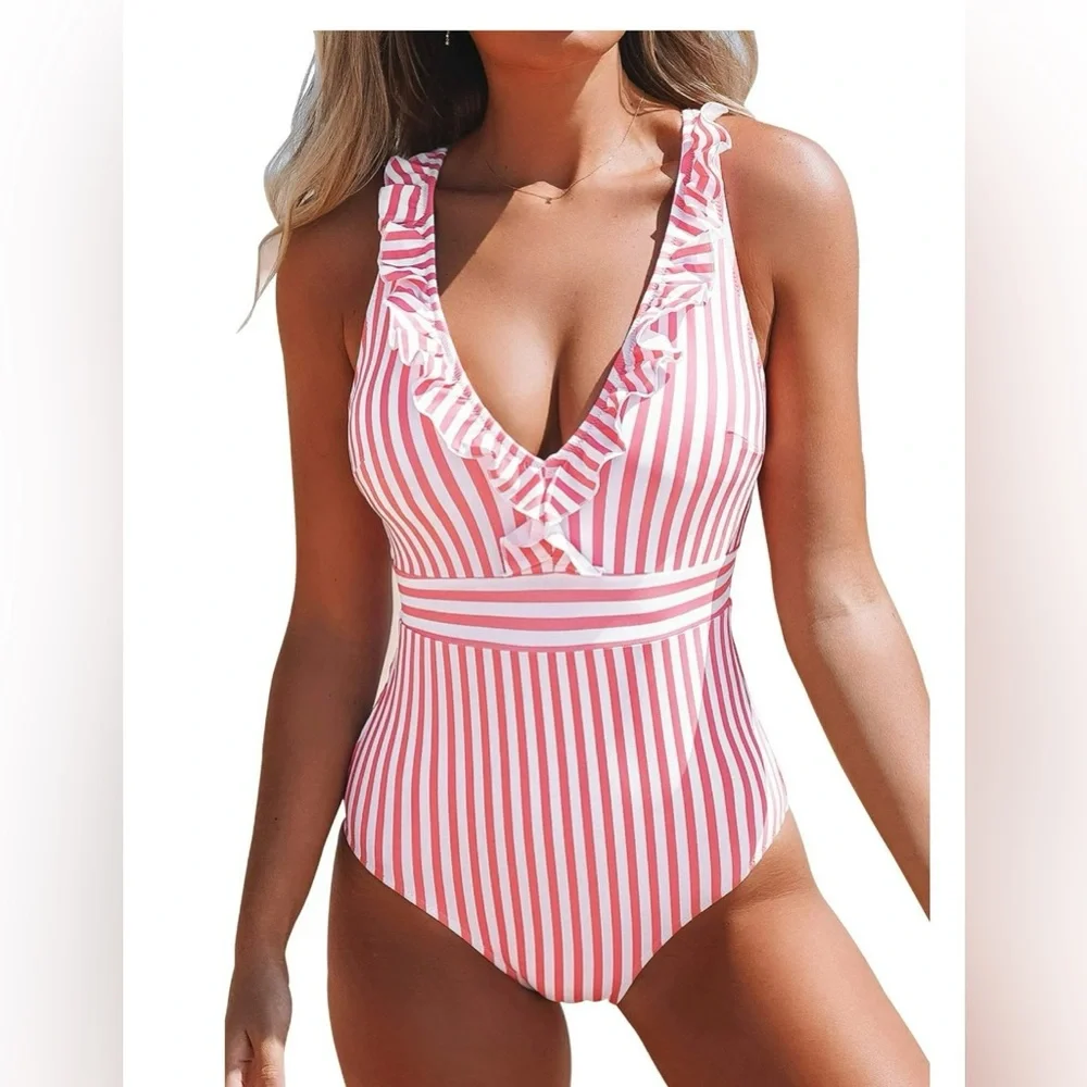 NEW Cupshe V-Neck- Ruffled-One Piece-Striped- Criss Cross Back-Swimsuit-Medium - Picture 1 of 10